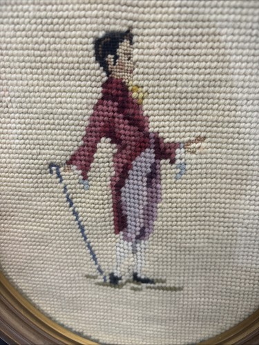 Vintage French Provincial Figure Colonial Oval Framed Needlepoint Wall Decor - Picture 2 of 5
