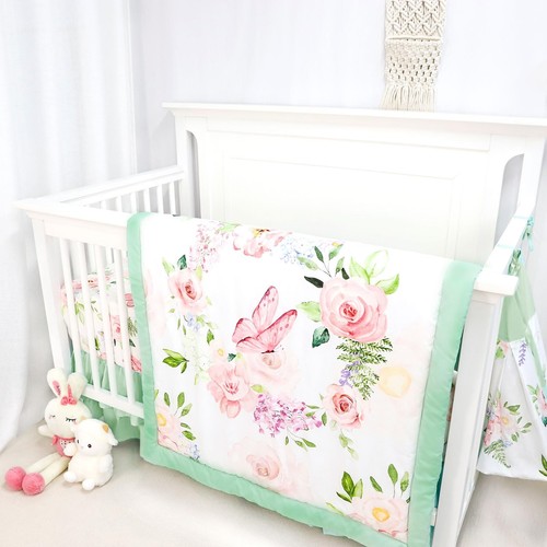 Caruili 4-teiliges Kinderbett Bettwäsche Set, Baby Mädchen Krippe Bettwäsche Set Schmetterlinge Flor... - Bild 2 von 8