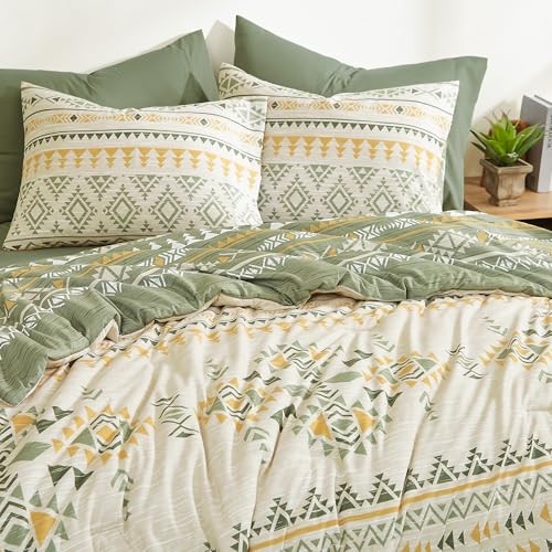 Queen Comforter Set, Boho Aztec Comforter Set 7 Pieces,Olive Green All Season - Picture 4 of 7