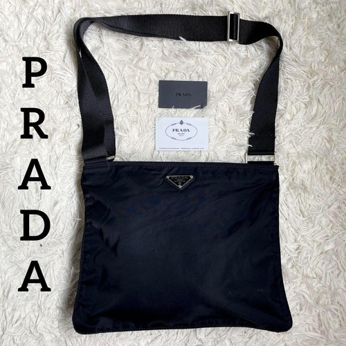 Prada Triangle Plate Black White Tag Tesute Shoulder Bag
