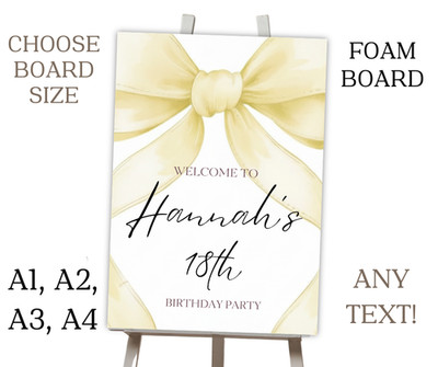Personalisierte gelbe Schleife Motiv Schaumstoff Tafel Event Schild für Staffelei GEBURTSTAG A2 A3 A4
