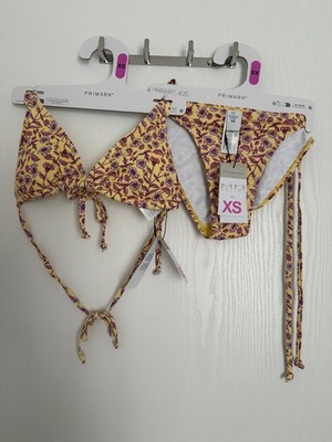 NEW! Primark Yellow Purple Floral Sexy Bikini String Top Summer Swimwear Set XS