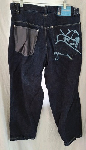 Raw Blue Jeans Herren 34x32 Denim bestickt Baggy Hip Hop Y2K Vintage - Bild 4 von 9