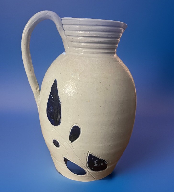 Vintage Williamsburg Pottery Hand Thrown Salt Glaze Cobalt Blue Leaf Pitcher