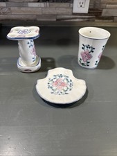 Vtg Porcelain Soap Dish Toothbrush Holder Tumber Bathroom Set
