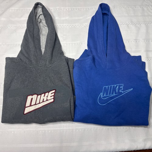 Nike Boys Y2K Gray / Blue Pullover Hoodie Fleece Graphic Logo Print -Lot of 2 -L