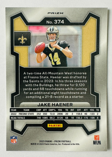 2023 Panini Prizm Jake Haener GOLD Sparkle Prizm RC #374 SSP Saints Rookie! - Picture 2 of 3