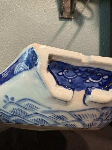 Antique Japanese Repaired Plate Warmer Boat Shape, Blue And White Ceramic Tray - Picture 23 of 24