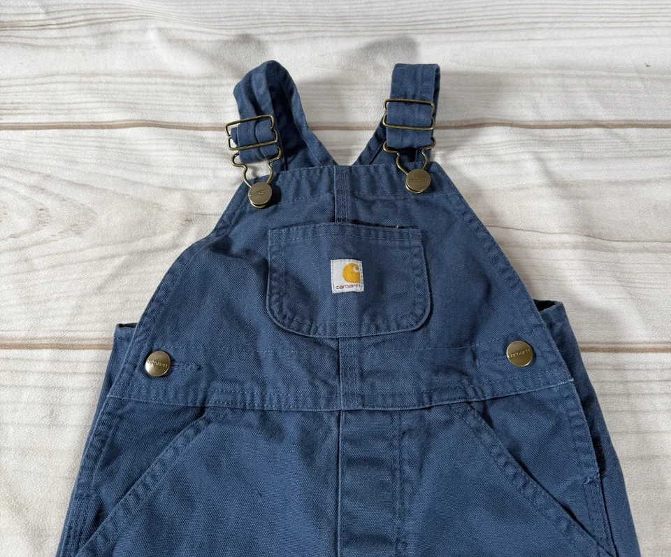 Mono con tirantes Carhartt niños pequeños 2T azul pato lona carpintero doble rodilla Foto 2 de 4