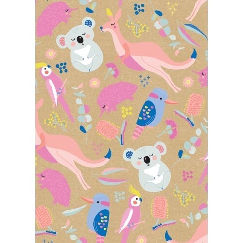 Australian Animal Gift Wrap Folded 70cm x 49cm - Pink Baby Shower Party Supplies - Picture 1 of 1