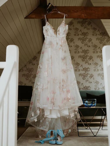 Floral Print Tulle A-Line Wedding Dresses Country Boho Bridal Gown Sweep train - Picture 3 of 12