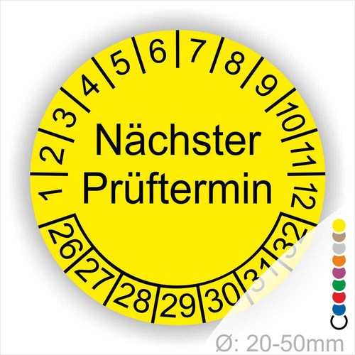 Prüfplaketten Nächster Prüftermin Durchmesser Ø 20-50mm UVV,TRBS,DGUV,BetrSichV - Picture 1 of 13