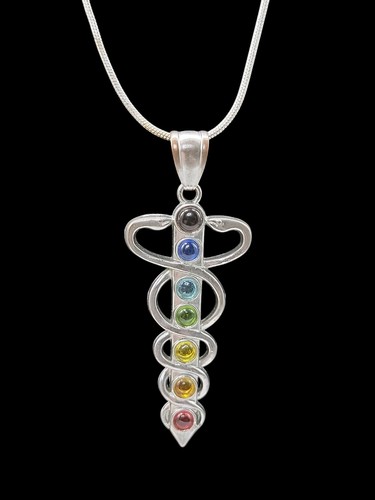 Chakra Healing Caduceus Pendant Necklace Faux Gemstones 35" Chain Silver Tone - Picture 11 of 16