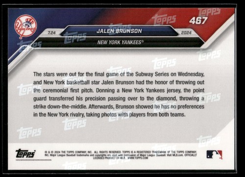 MLB Topps Now 2024 Jalen Brunson lanza primer lanzamiento New York Yankees #467 SP - Imagen 2 de 2