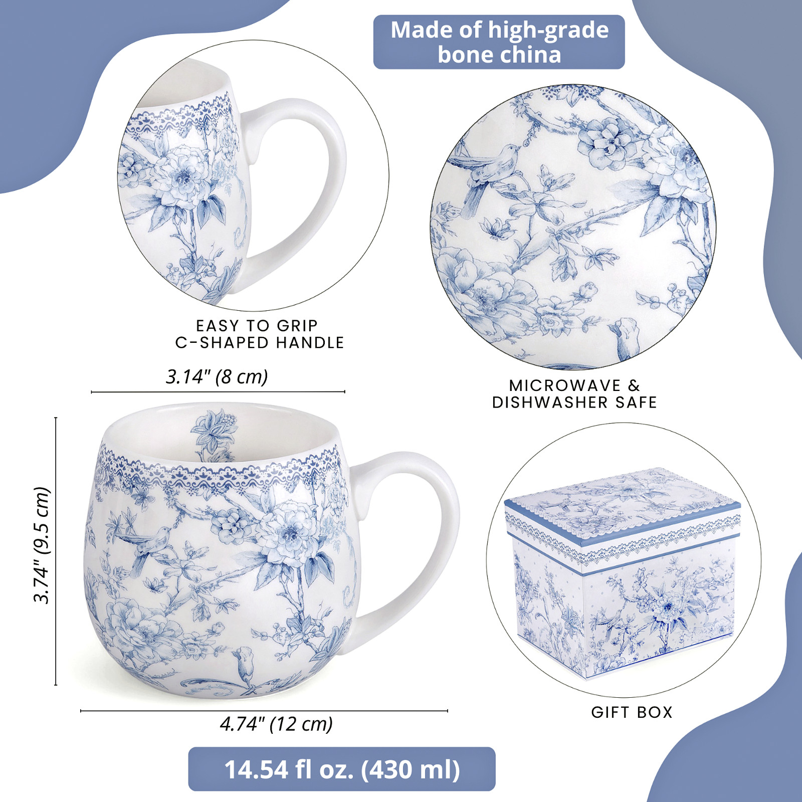 STPGOODS Blue Flowers Bone China Teapot and Mug Set for 2 Persons