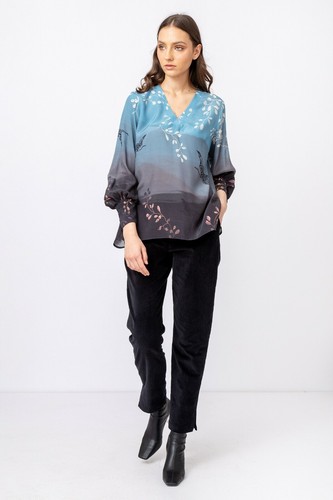 Ivko Blusa Fantasia Fiori Uccello Blu Giapponese Indigo Viscosa 212563 - Picture 3 of 8