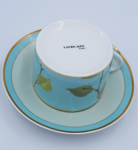 Laure Japy Limoges BRANCHES TURQUOISE 2 Flat Cup & Saucer Sets MINT HTF - Picture 7 of 7