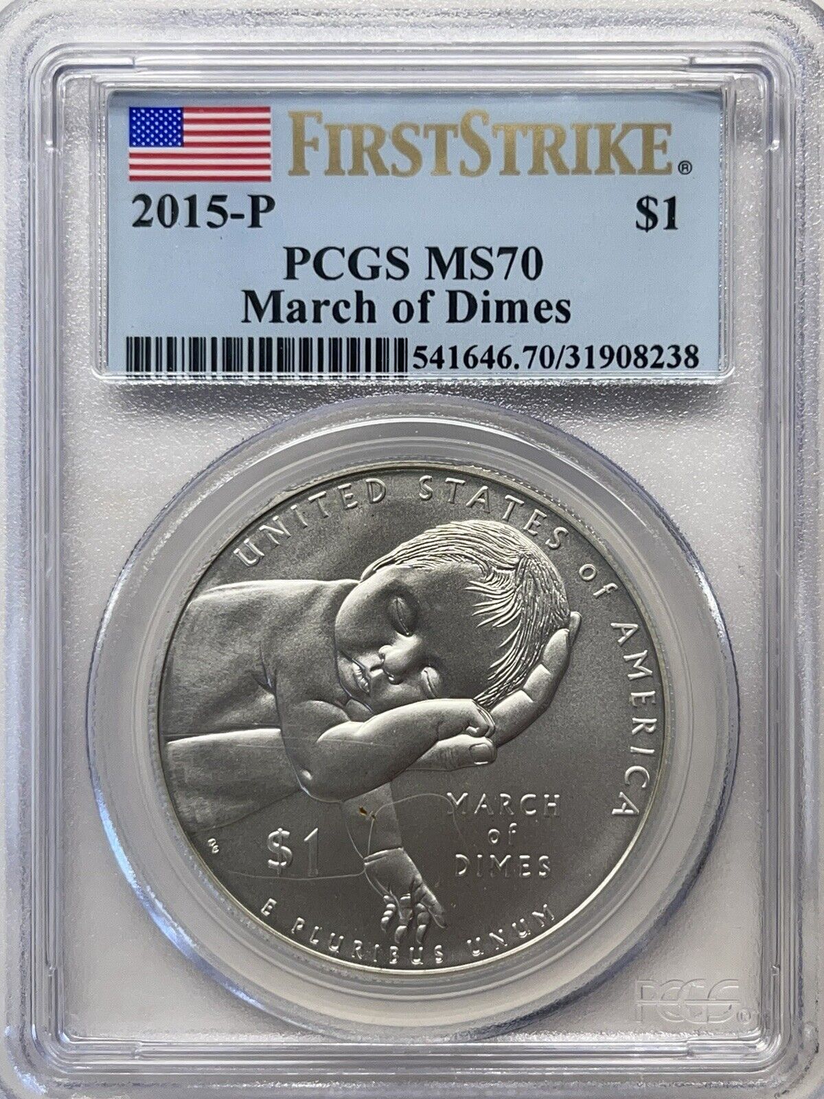 2015-P PCGS MS70 MARCH OF DIMES COMMEMORATIVE SILVER DOLLAR FIRST STRIKE - Picture 1 of 4