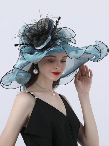 Organza Church Fascinator Hat For Women Cocktail Tea Party Dress Wide Brim Hats - Picture 2 of 6