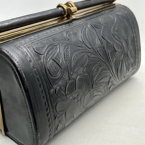 1930's Leather Tooled Purse Doctor Bag Black Rockabilly - Picture 5 of 17