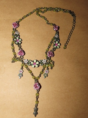 VERZIERTER BLUMEN COLLIER HALSKETTE EMAILLE STRASSSTEINE Vintage - Bild 2 von 3