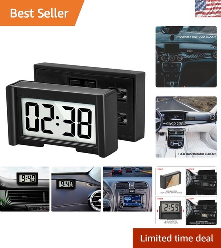 Compact Battery-Powered Car Dashboard Clock with Large LCD Display - Black - Picture 1 of 9