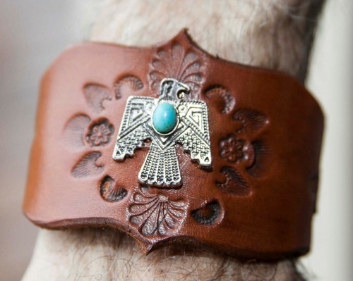 Thunderbird Leather Cuff Bracelet, Hand Tooled, Western Design - Picture 4 of 5