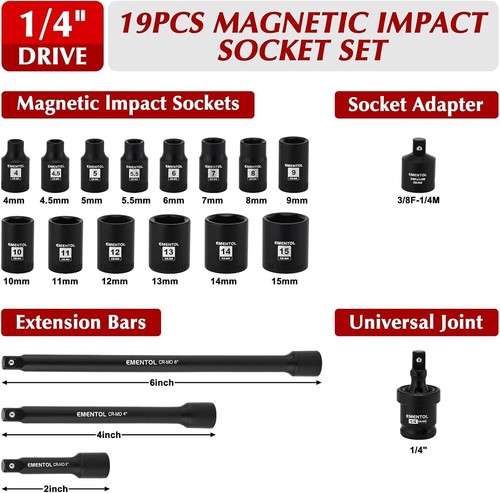 19PCS 1/4 " Drive Magnetic Impact Socket Set 4-15mm 6 Point Shallow Cr-Mo - Picture 6 of 7