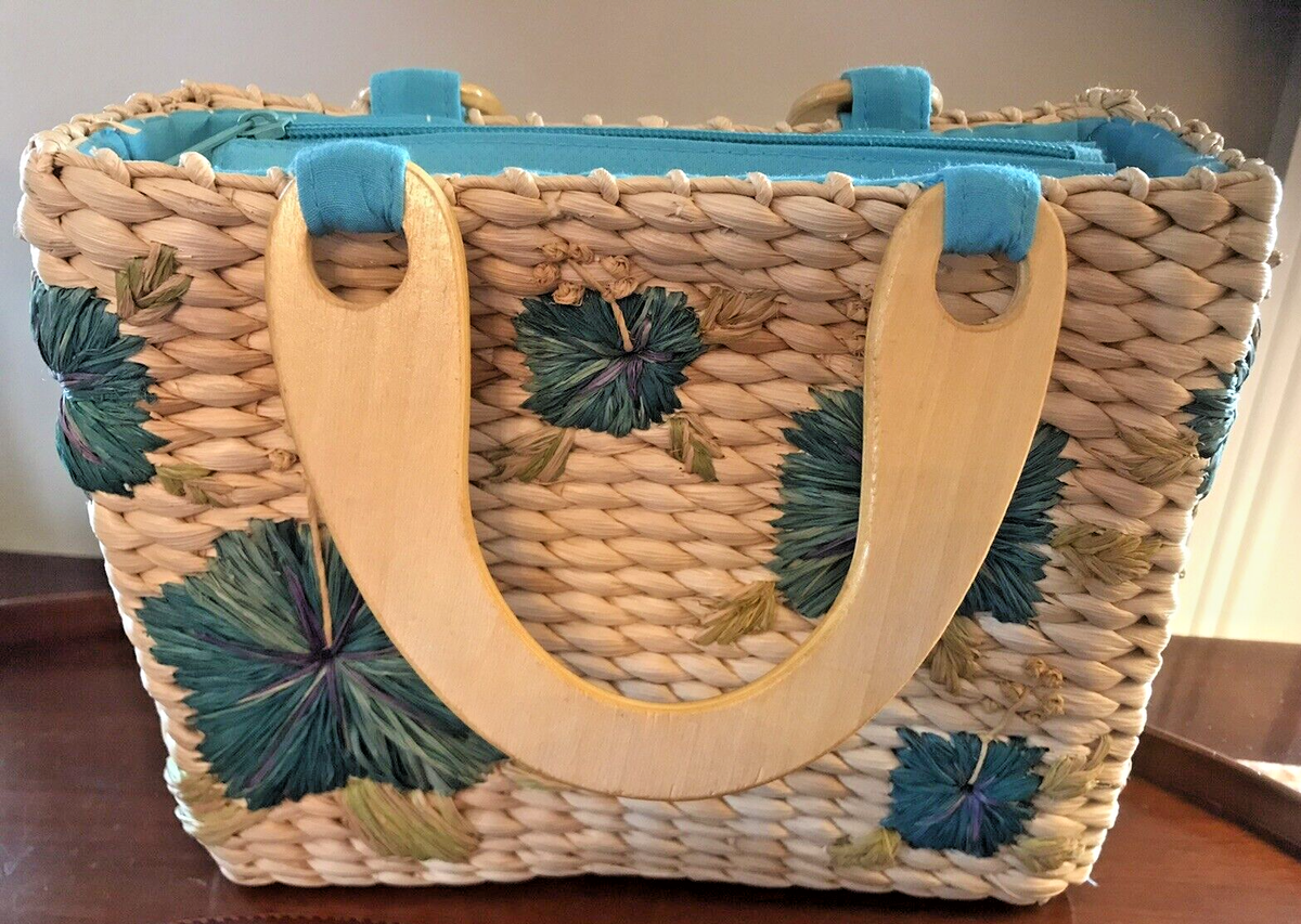 Fashion Straw Purse Wood Handles Natural Aqua Green Faded Glory