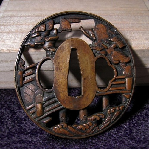 Japan antique Meiji era gojo bridge battle Tsuba Copper sword katana armor  - Bild 3 von 5