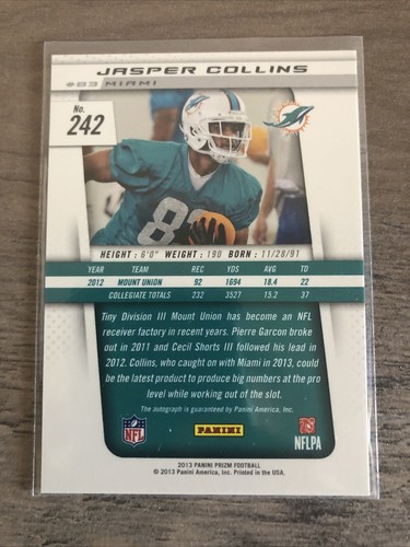 Jasper Collins 2013 Panini Prizm Rookie AUTOGRAPH Rookie Card RC. Miami Dolphins - Picture 2 of 2