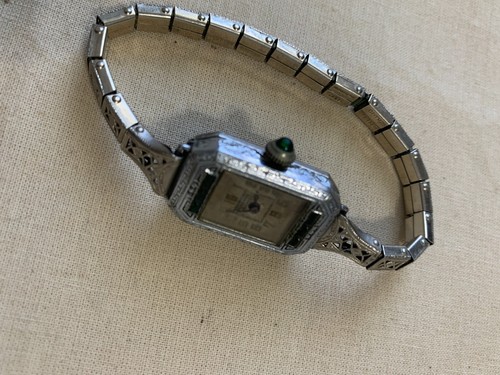 Antique Windsor Ladies White Plated Gold Emerald watch w/Half Sun or Flower Case - Picture 3 of 10
