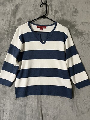 Y2K Gloria Vanderbilt V-neck Pullover Sweater Blue Stripe Womens Size L  - Main Image