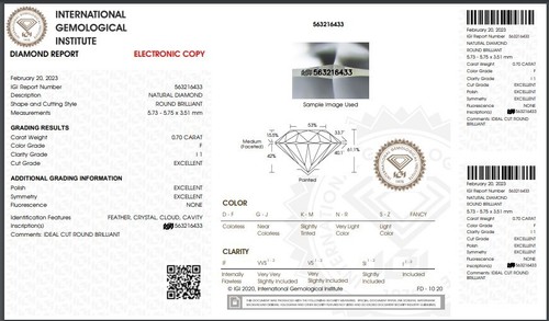 IGI CERTIFIED 0.70 Ct Triple Excellent Real Diamond F/I1 Grade Round Cut 5.7 mm - Picture 2 of 7