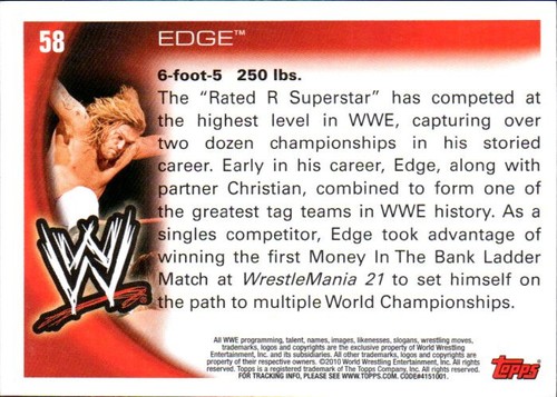 Tarjeta de lucha libre Topps 2010 #58 Edge - Imagen 2 de 2