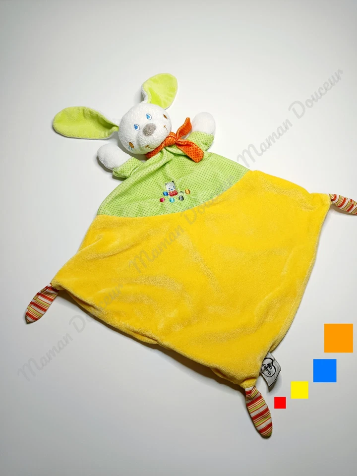 Doudou Plat Lapin Blanc Jaune Vert Pois Echarpe Orange - Mots D'enfants Leclerc - Photo 3/3