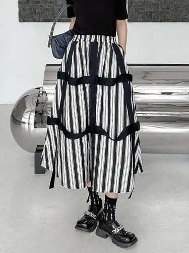 Black White Urban Street Chic Designer Arty Edgy Funky Corset Stripe Skirt 12 14 - Picture 3 of 13