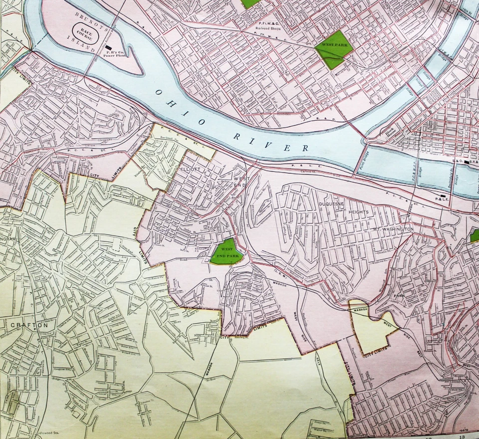 MAPA DE CARRETERA DE LA CIUDAD DE PITTSBURGH PA PÁGINA ATLAS COMERCIAL RAND MCNALLY 1913 Foto 3 de 4