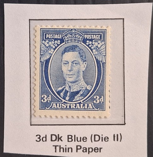 1938 Australia 3d Blue KGV1 Stamp Die 2 Thin paper P13 1/2X14 MUH Cat $40.00