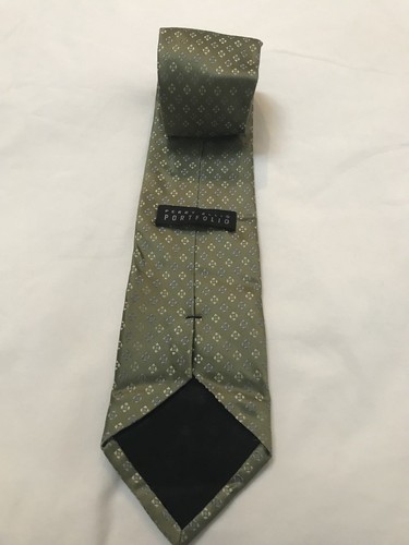 Mens NECK TIE By Perry Ellis Portfolio Green With Small Ivory And Blue Squares - Picture 2 of 3