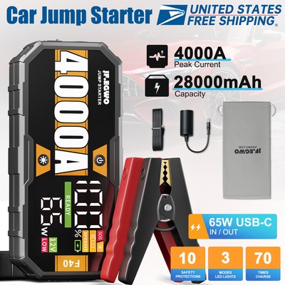 Truck SUV Jump Starter 4000A 12-Volt Portable Battery Booster Fast Charging 65W