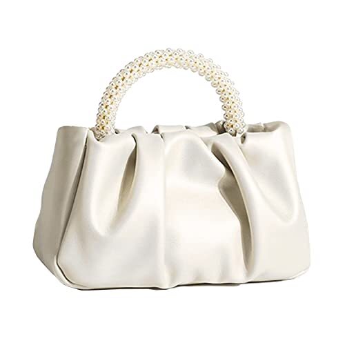 Evening Purse Women Pearl Handbags Soft Leather Ruched Bag Bridal Clutch White - Bild 1 von 6