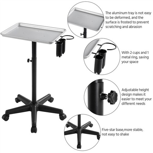 Adjustable Rolling Aluminum Salon Spa Tray Cart Trolley Hair Instrument, Silver - Picture 4 of 12