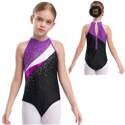 Gymnastic Leotard Kids Girls Shiny Tracksuit Bodysuit with Hair Band Ballerina - Picture 54 of 81