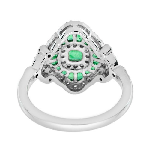 14K White Gold Natural Emerald and Diamond Art Deco Style Engagement Ring - Picture 5 of 11