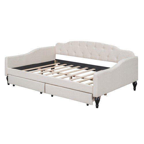 Full Size Daybed Upholstered Bed Frame Sofa Bed with 2 Storage Drawers Beige - Picture 12 of 18