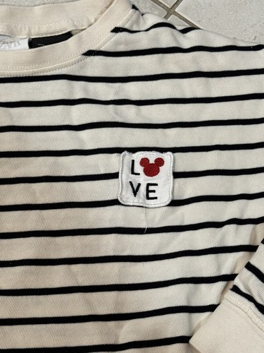 Zara Kids X Disney Long Sleeve Shirt White And Black Stripes Mickey Logo Sz 7 - Picture 2 of 3