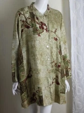 Citron Santa Monica Sz 2X Green Red Cherry Blossom Stunning Silk Tunic Shirt Top