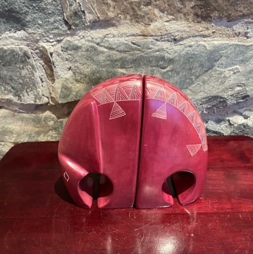 Hand Carved Burgundy Abstract Soapstone Elephant Bookends (6 ins) - Picture 2 of 6