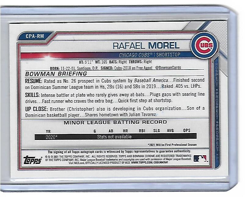 Rafael Christopher Morel 2021 Bowman Chrome RC On Card Auto Cub Rookie